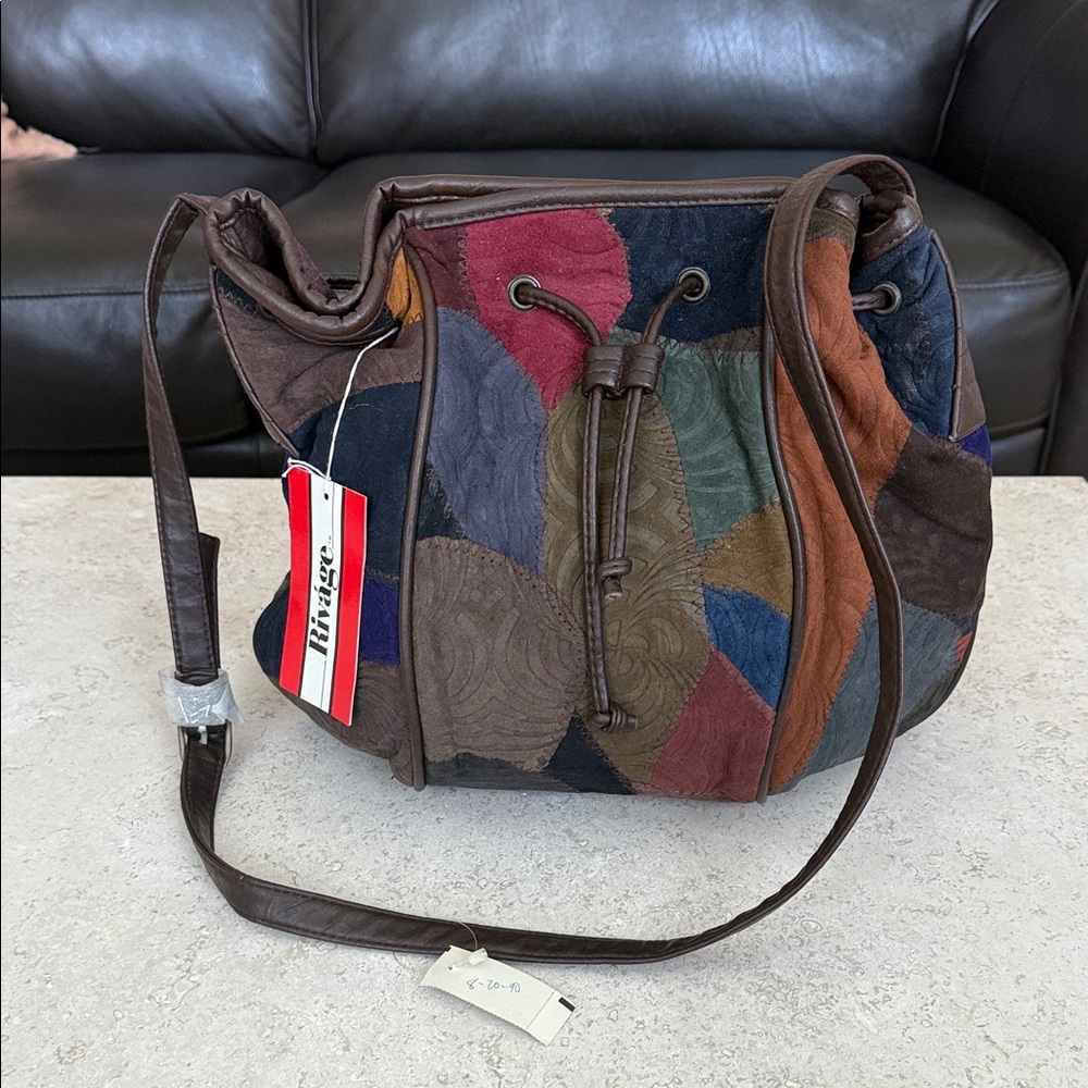Vintage Multicolor Patchwork Leather Drawstring Bucket Bag - Picture 3 of 3